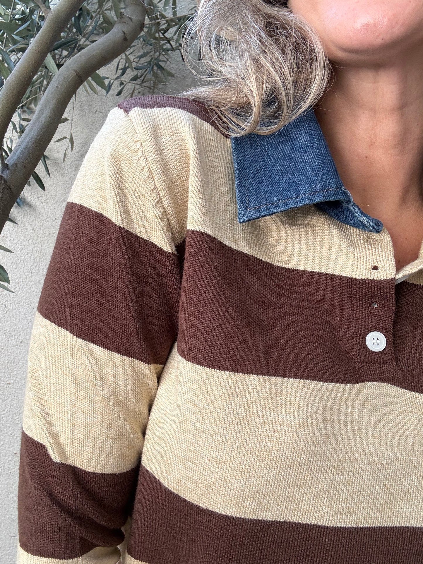 Chaleco jeans y rayas café