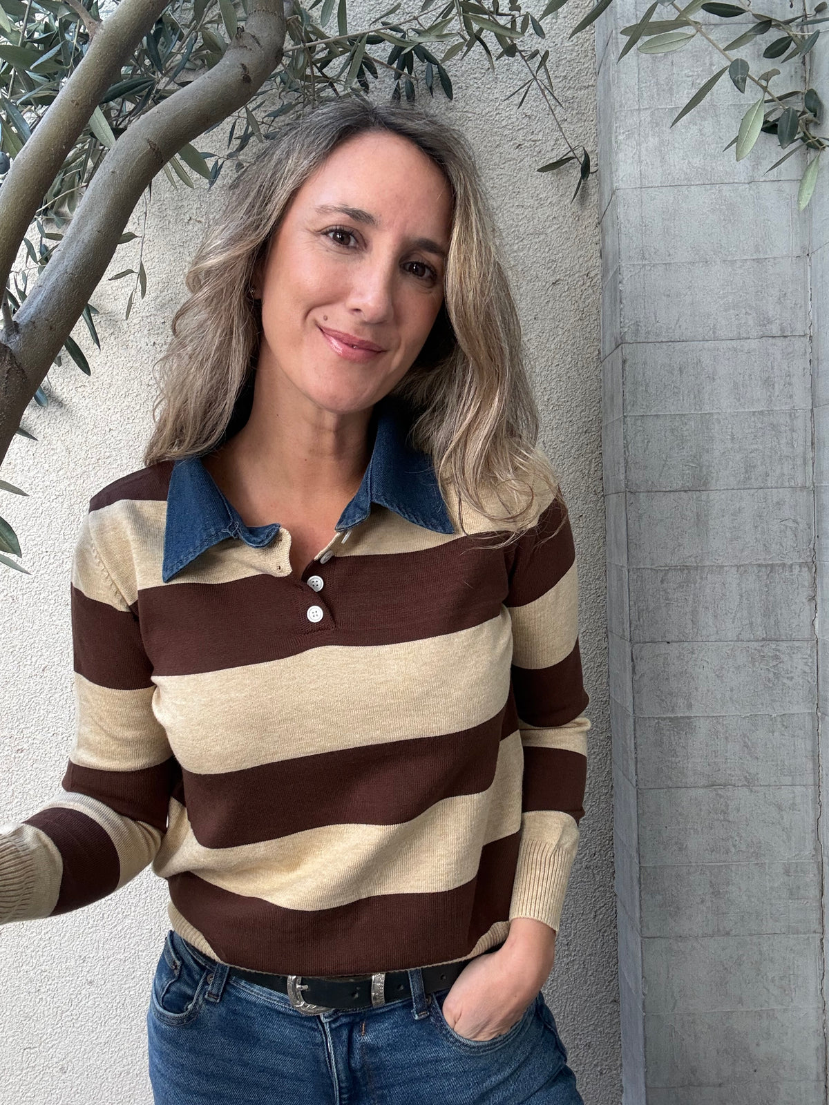 Chaleco jeans y rayas café