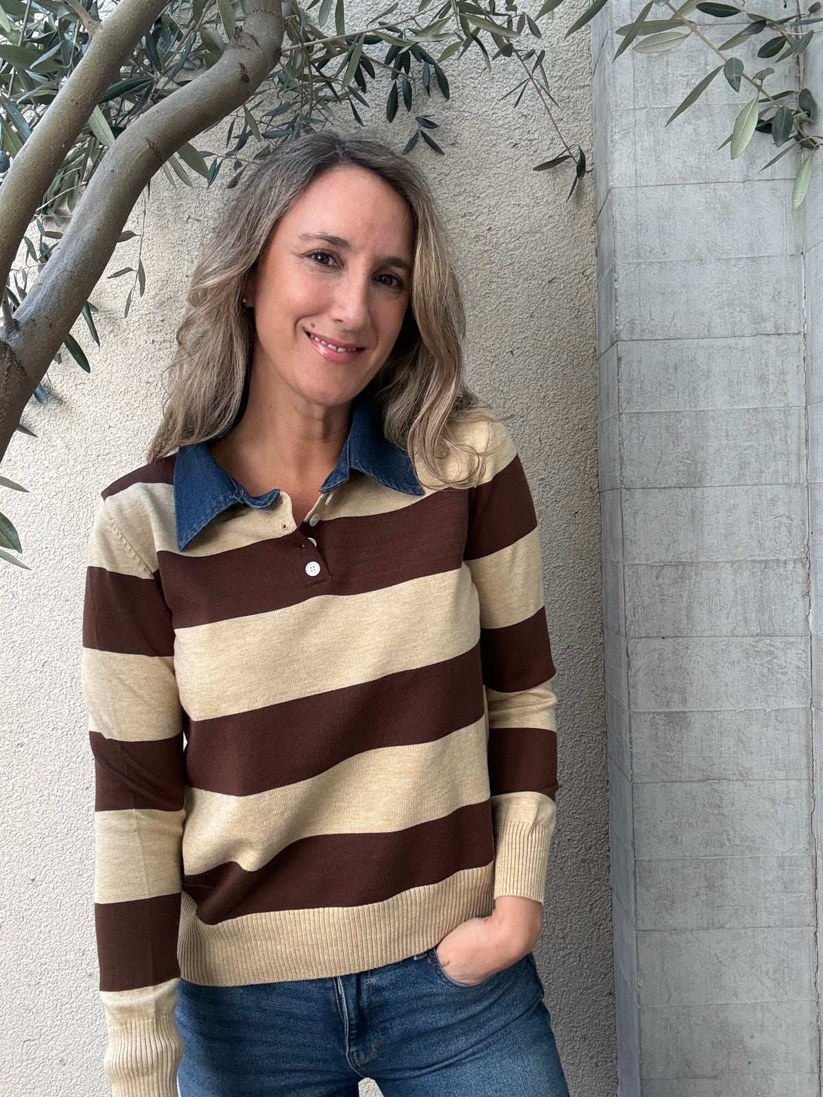Chaleco jeans y rayas café