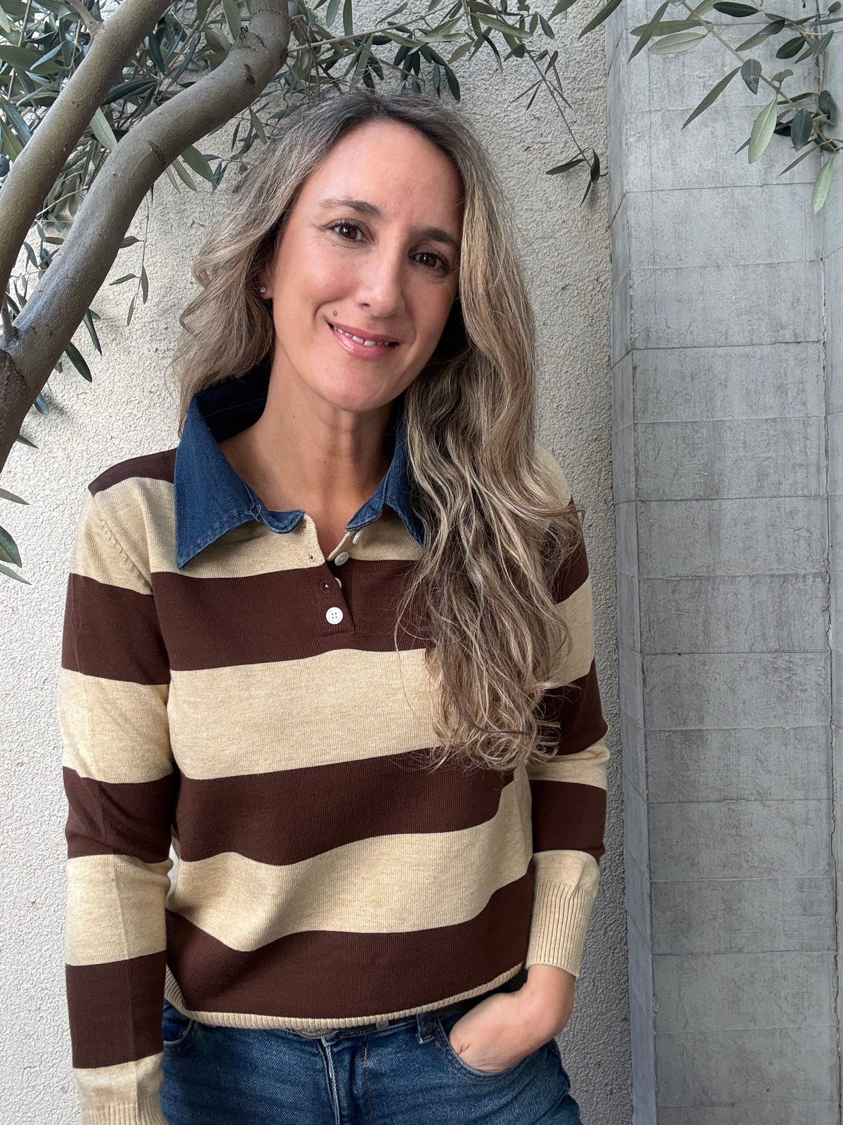 Chaleco jeans y rayas café