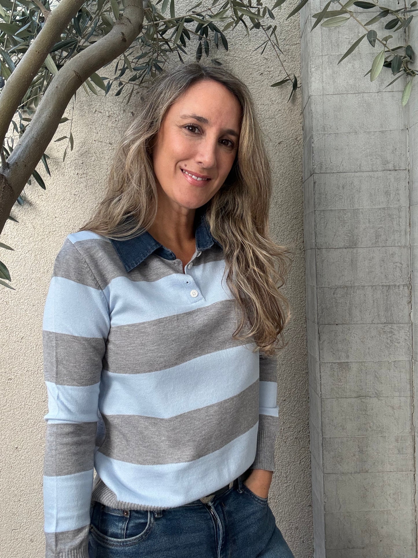 Chaleco jeans y rayas celeste