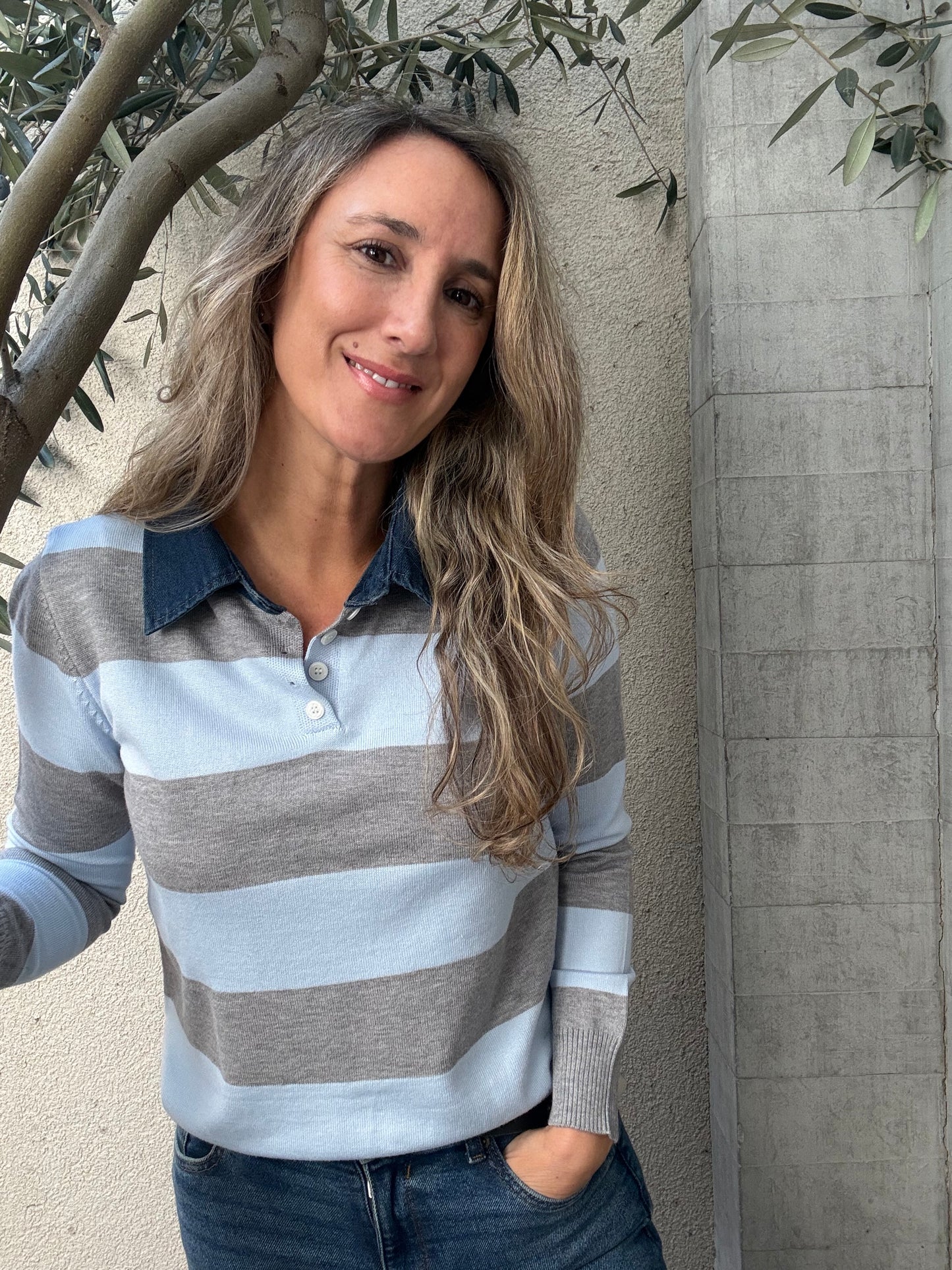 Chaleco jeans y rayas celeste