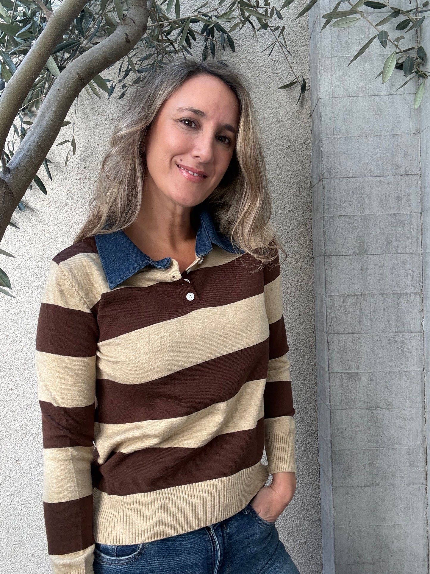 Chaleco jeans y rayas café