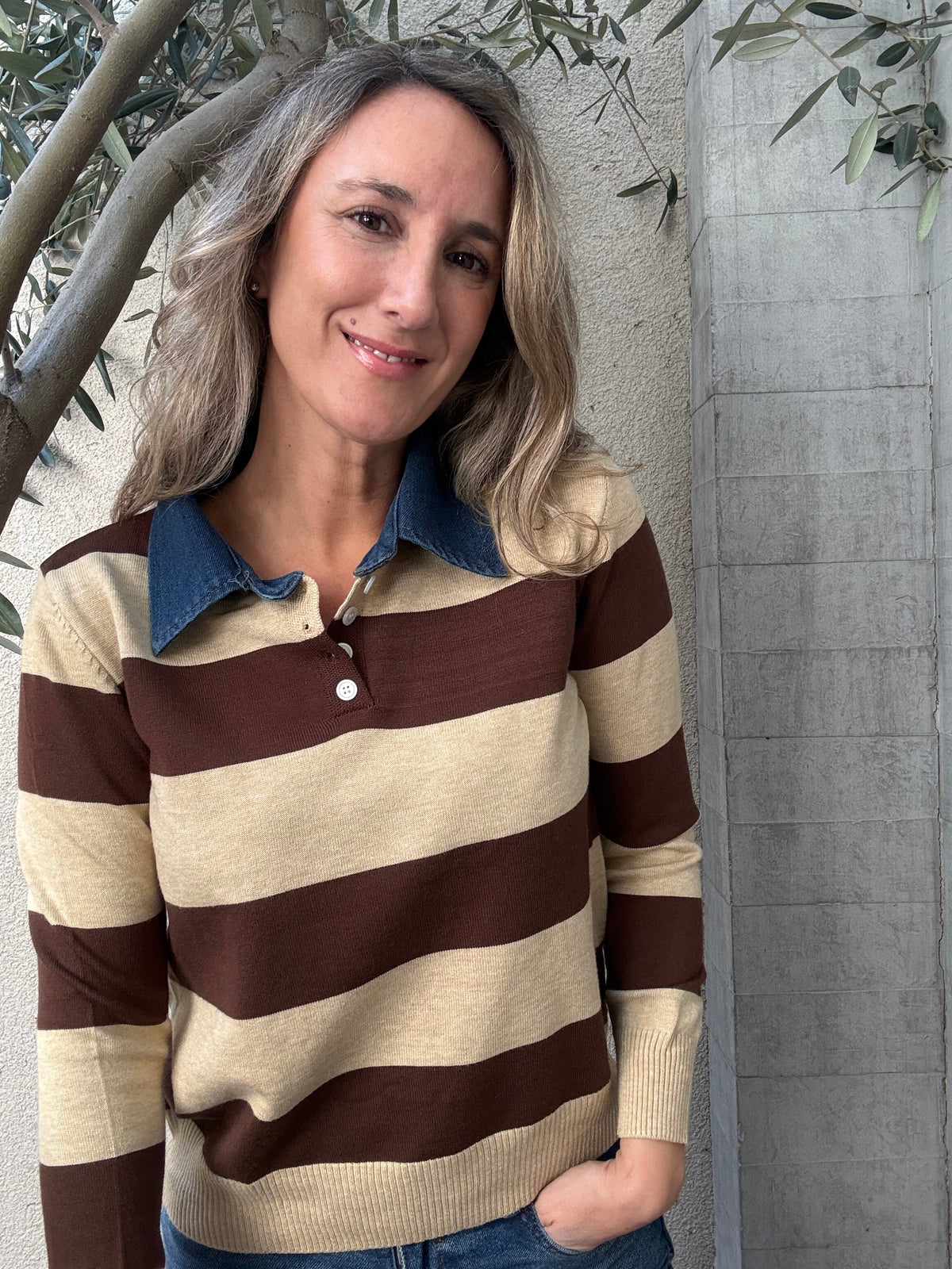 Chaleco jeans y rayas café