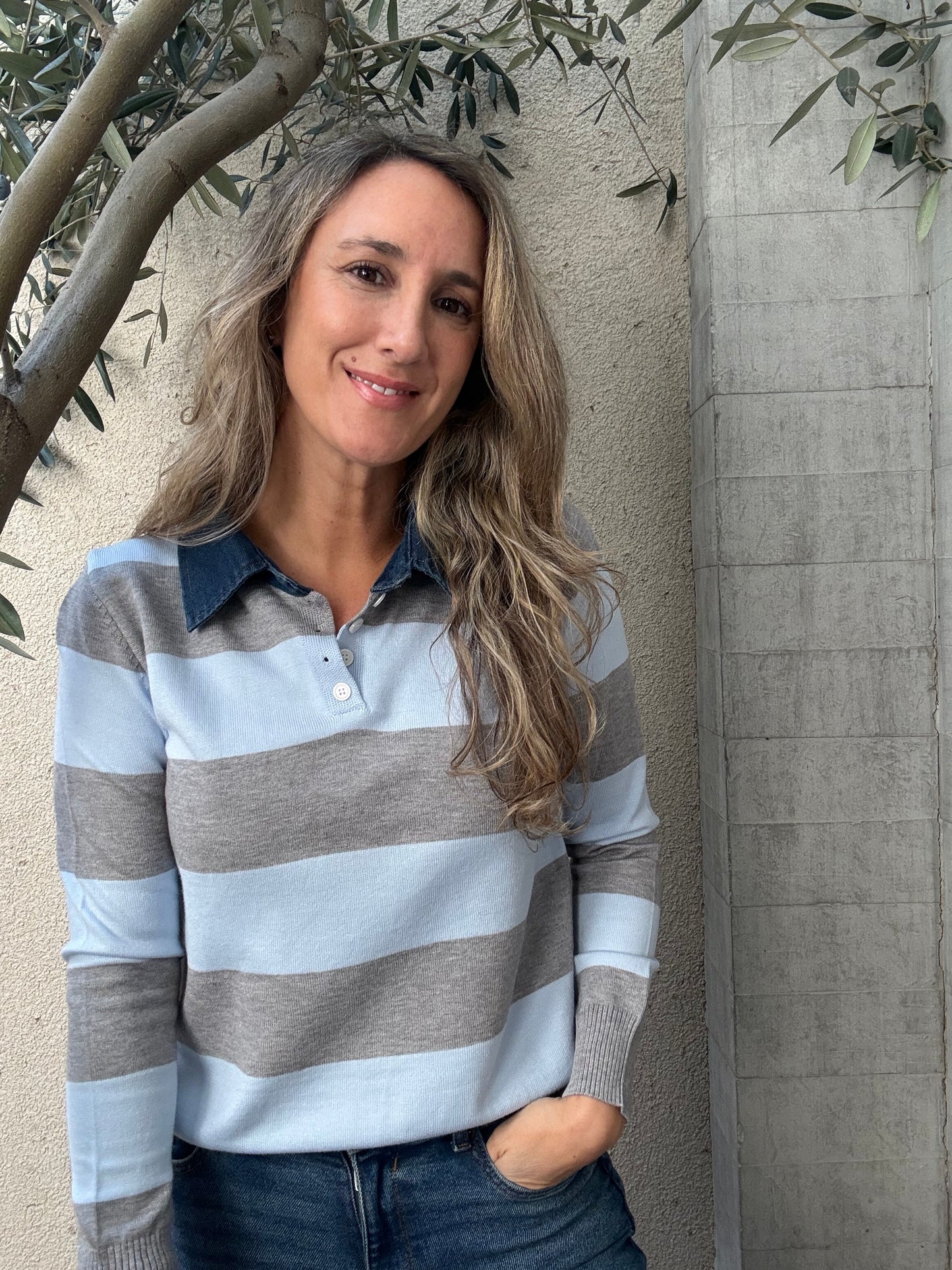 Chaleco jeans y rayas celeste
