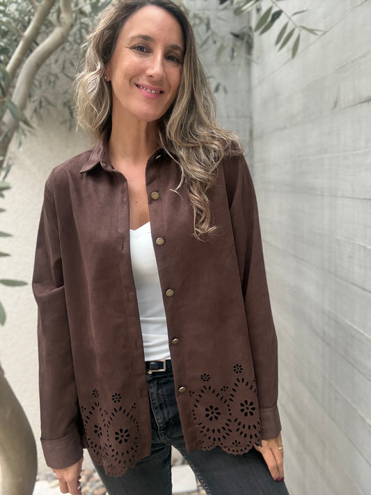 Blusa suede floral cafe