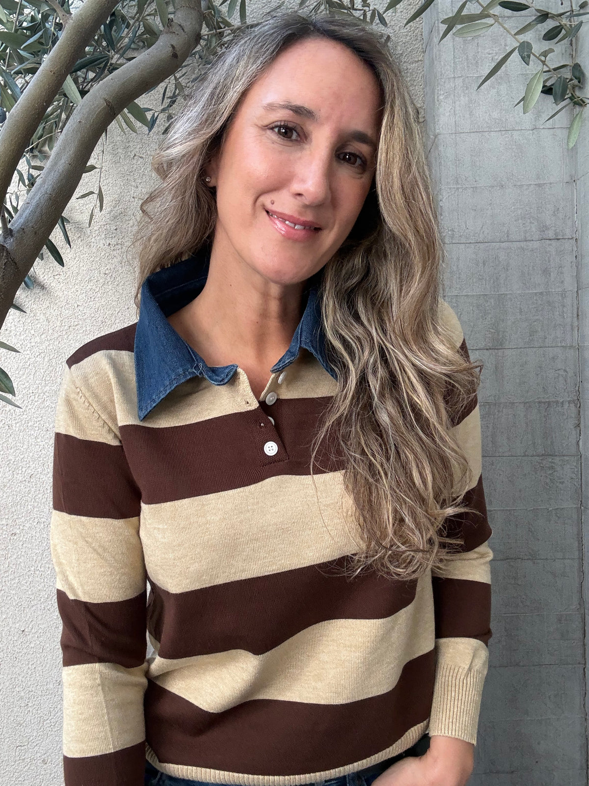 Chaleco jeans y rayas café