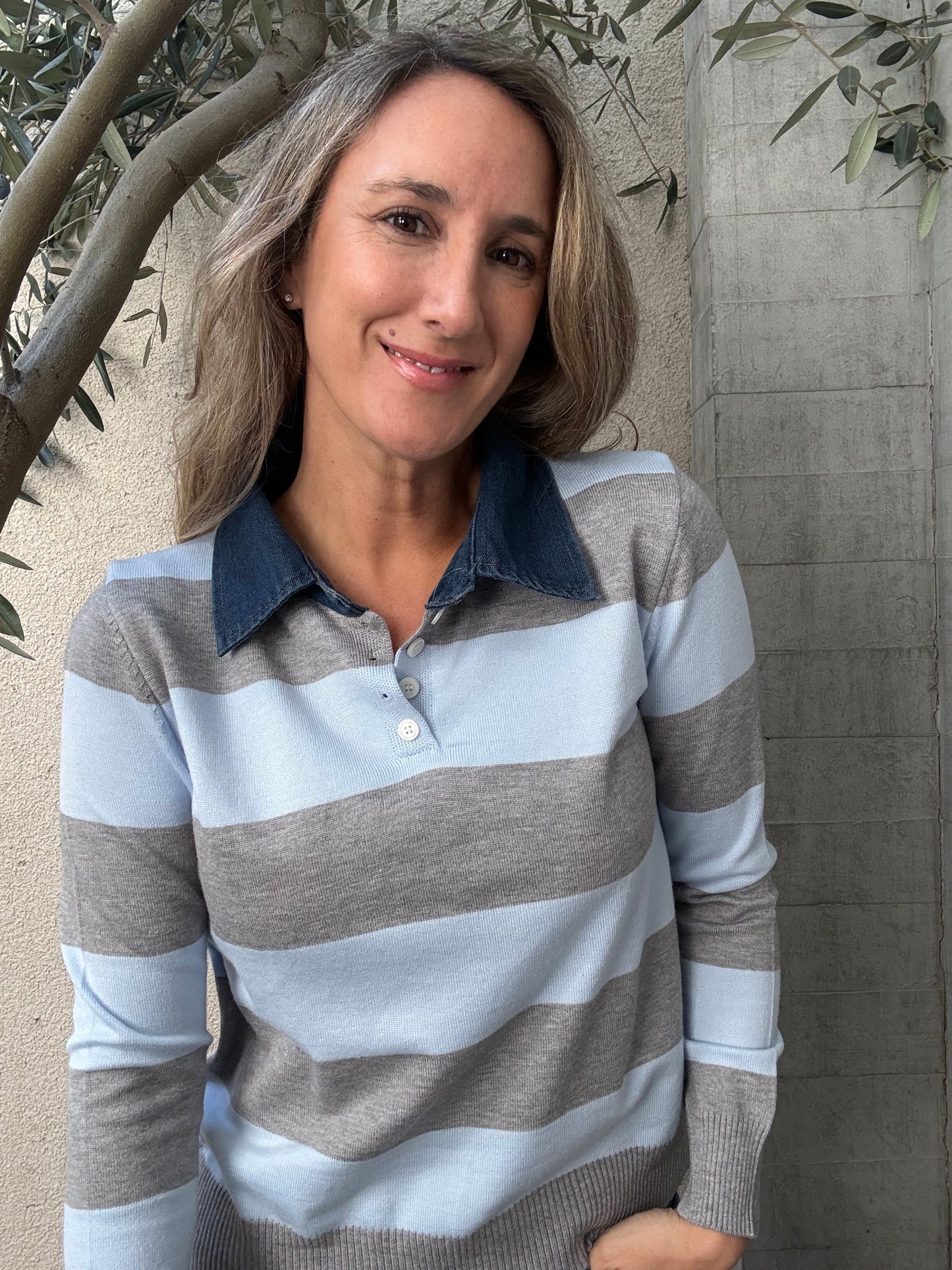 Chaleco jeans y rayas celeste
